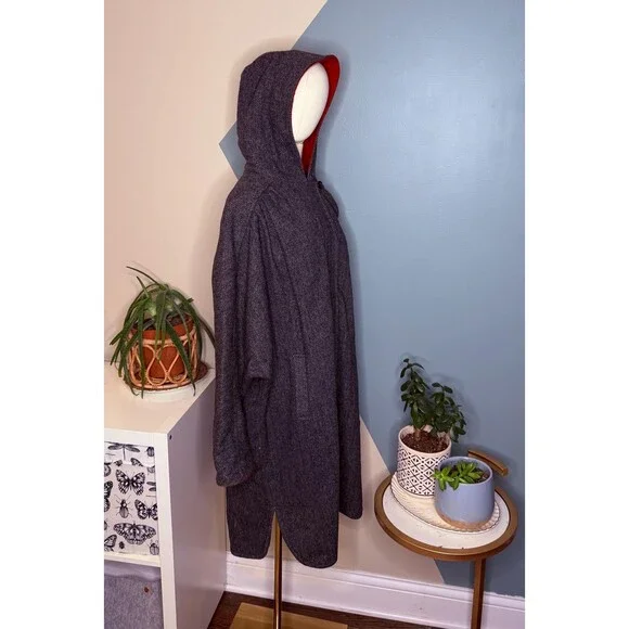 Vintage 90s Wool Hooded Swing Coat Cocoon Dolman Herringbone Small - Picture 5 of 14